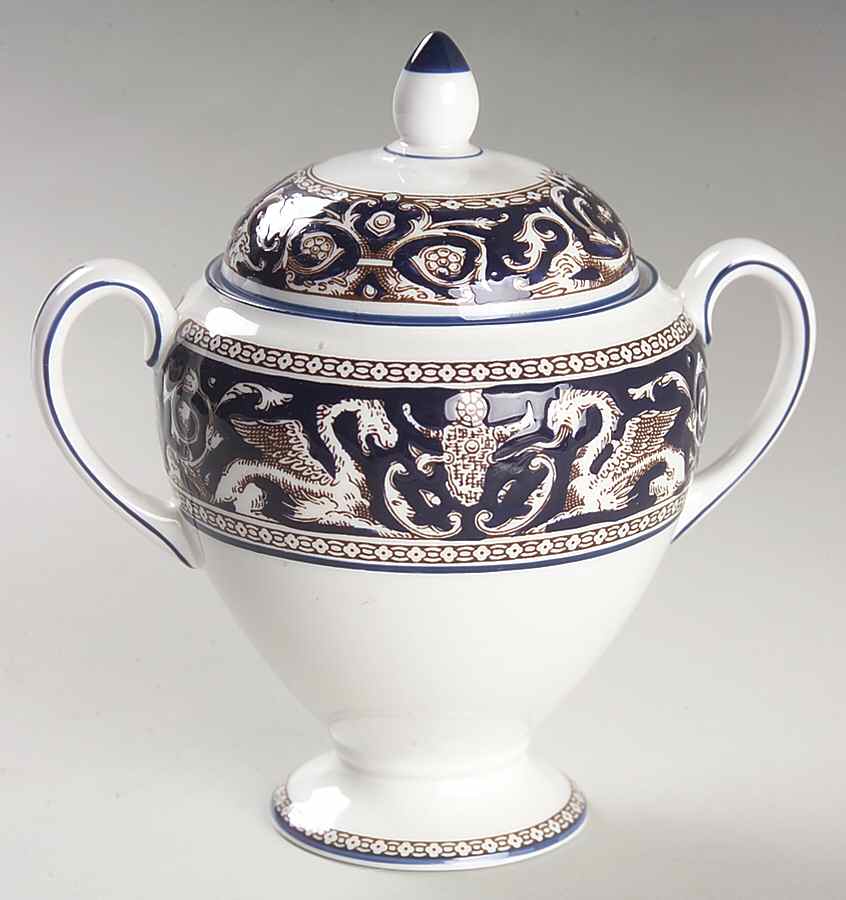 Florentine Dark Blue Rim (No Center Design) Globe Shape Sugar Bowl & Lid by Wedgwood-1