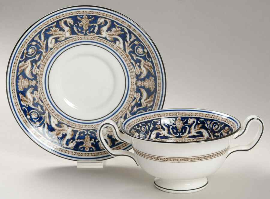 Florentine Blue (No Center Design, Black Trim) Footed Cream Soup Bowl & Saucer Set by Wedgwood-1