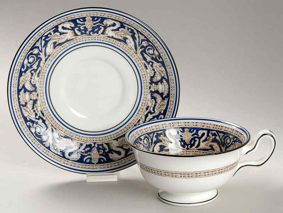 Florentine Blue (No Center Design, Black Trim) Footed Cup & Saucer Set by Wedgwood-1