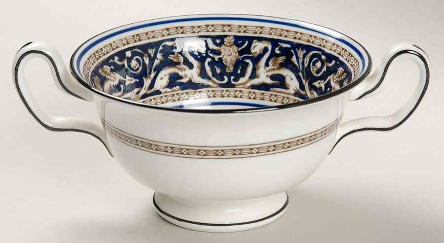 Florentine Blue (No Center Design, Black Trim) Footed Cream Soup Bowl by Wedgwood-1