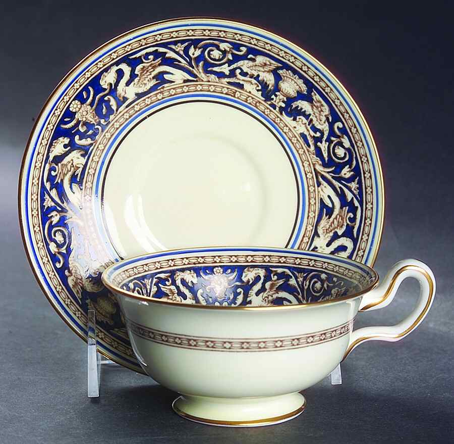 Florentine Blue (No Center Design, Gold Trim) Footed Cup & Saucer Set by Wedgwood-1