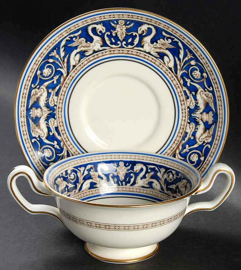 Florentine Blue (No Center Design, Gold Trim) Footed Cream Soup Bowl & Saucer Set by Wedgwood-1