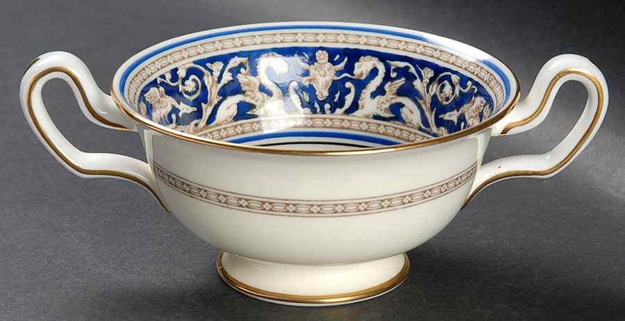 Florentine Blue (No Center Design, Gold Trim) Footed Cream Soup Bowl by Wedgwood-1