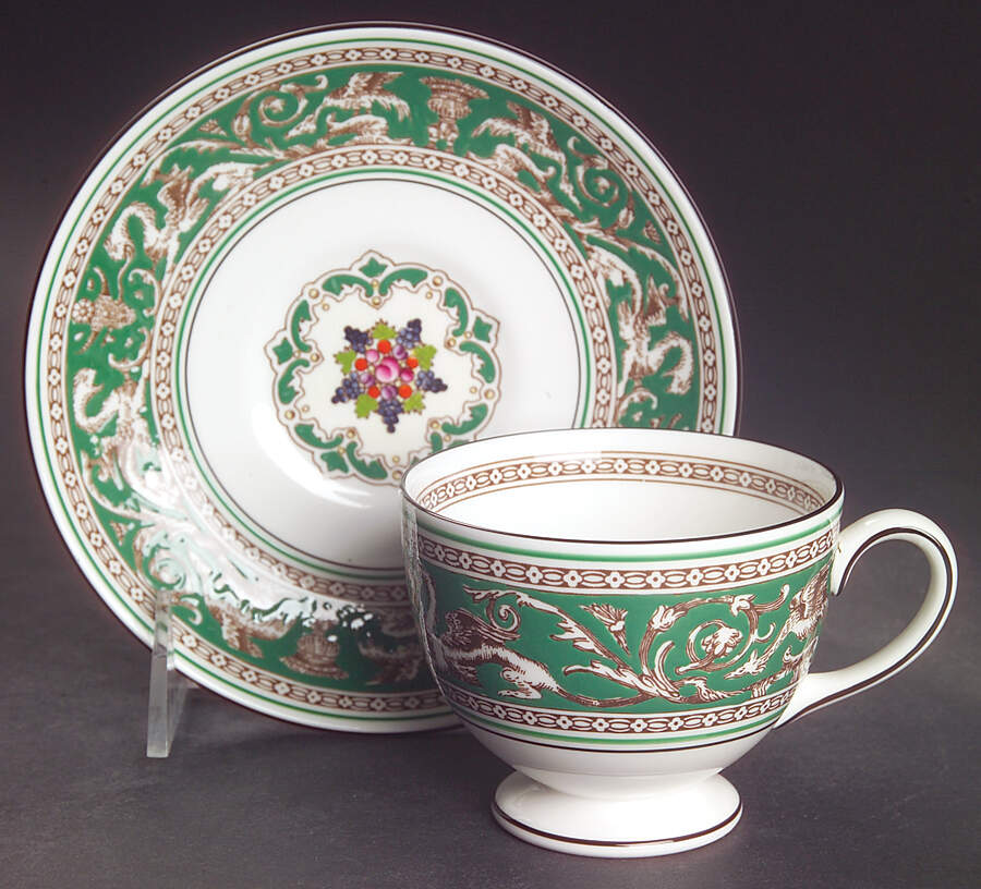 Florentine Green (Emerald, Fruit Center) Footed Cup & Saucer Set by Wedgwood-1