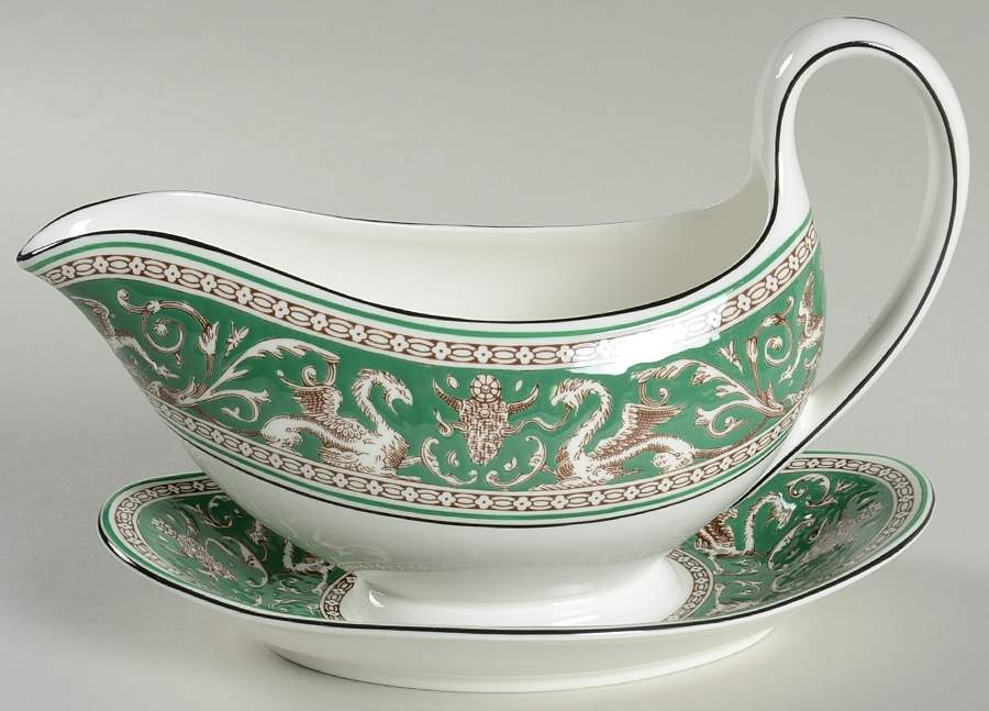Florentine Green (Emerald, Fruit Center) Gravy Boat with Attached Underplate by Wedgwood-1