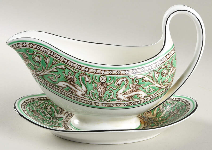 Florentine Green Rim (No Center Design, White) Gravy Boat with Attached Underplate by Wedgwood-1