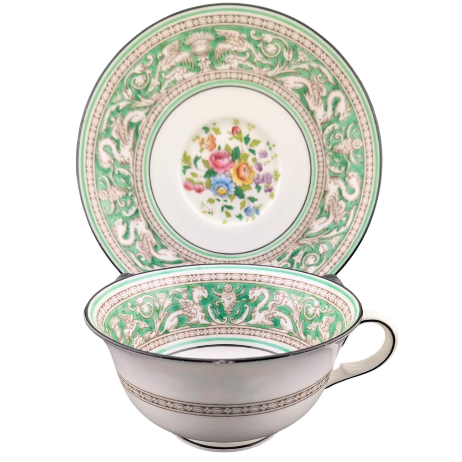 Florentine Green Rim (No Center Design, White) Footed Cup & Saucer Set by Wedgwood-1
