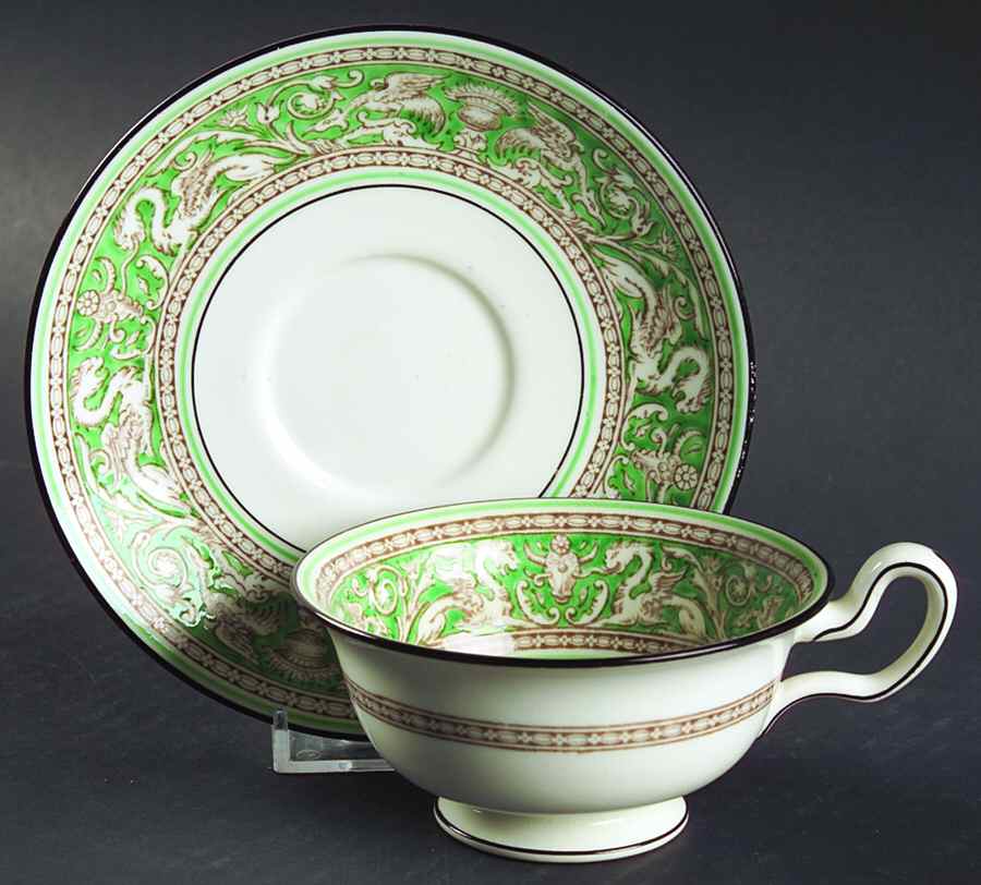 Florentine Green Rim (No Center Design, White) Footed Cup & Saucer Set by Wedgwood-1