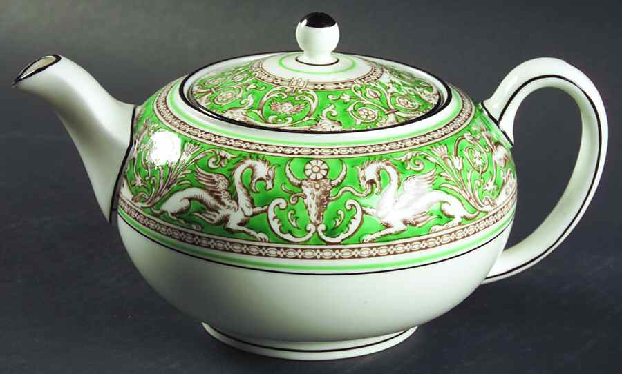 Florentine Green Rim (No Center Design, White) Teapot & Lid by Wedgwood-1