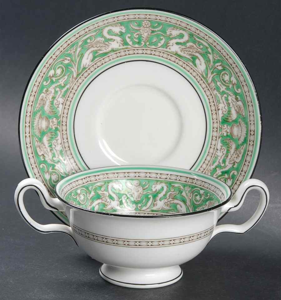 Florentine Green Rim (No Center Design, White) Footed Bouillon Cup & Saucer by Wedgwood-1