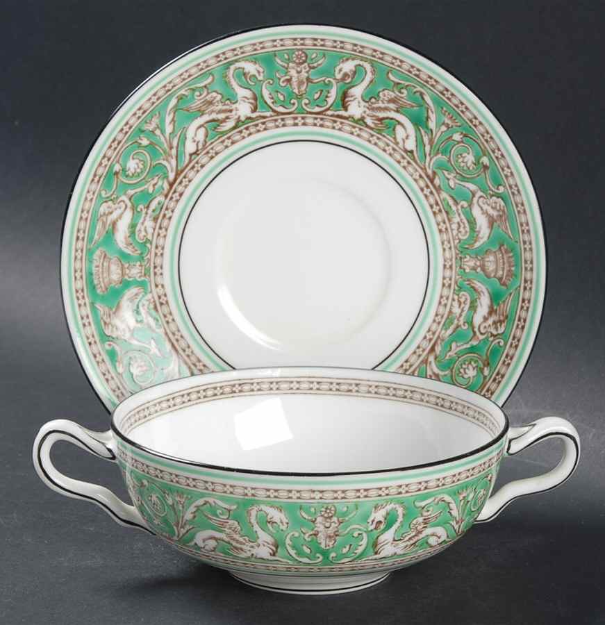 Florentine Green Rim (No Center Design, White) Footed Cream Soup Bowl & Saucer Set by Wedgwood-1