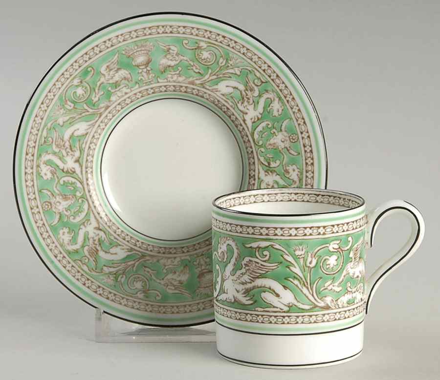 Florentine Green Rim (No Center Design, White) Bond Shape Demitasse Cup and Saucer Set by Wedgwood-1