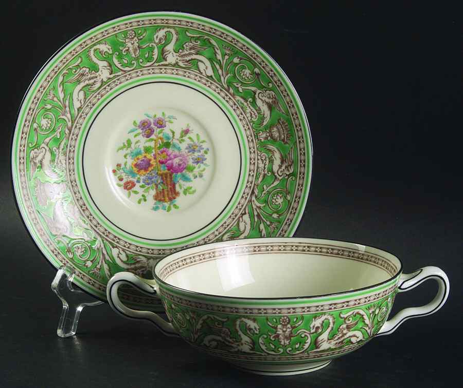 Florentine Green (Flower Basket Center) Flat Cream Soup Bowl & Saucer Set by Wedgwood-1