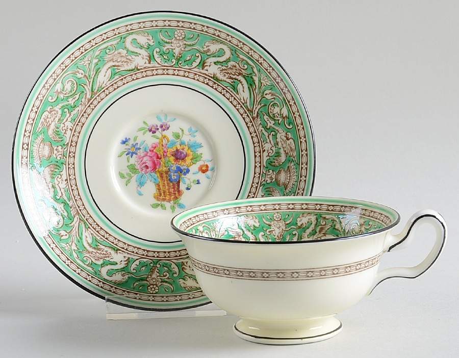 Florentine Green (Flower Basket Center) Footed Cup & Saucer Set by Wedgwood-1