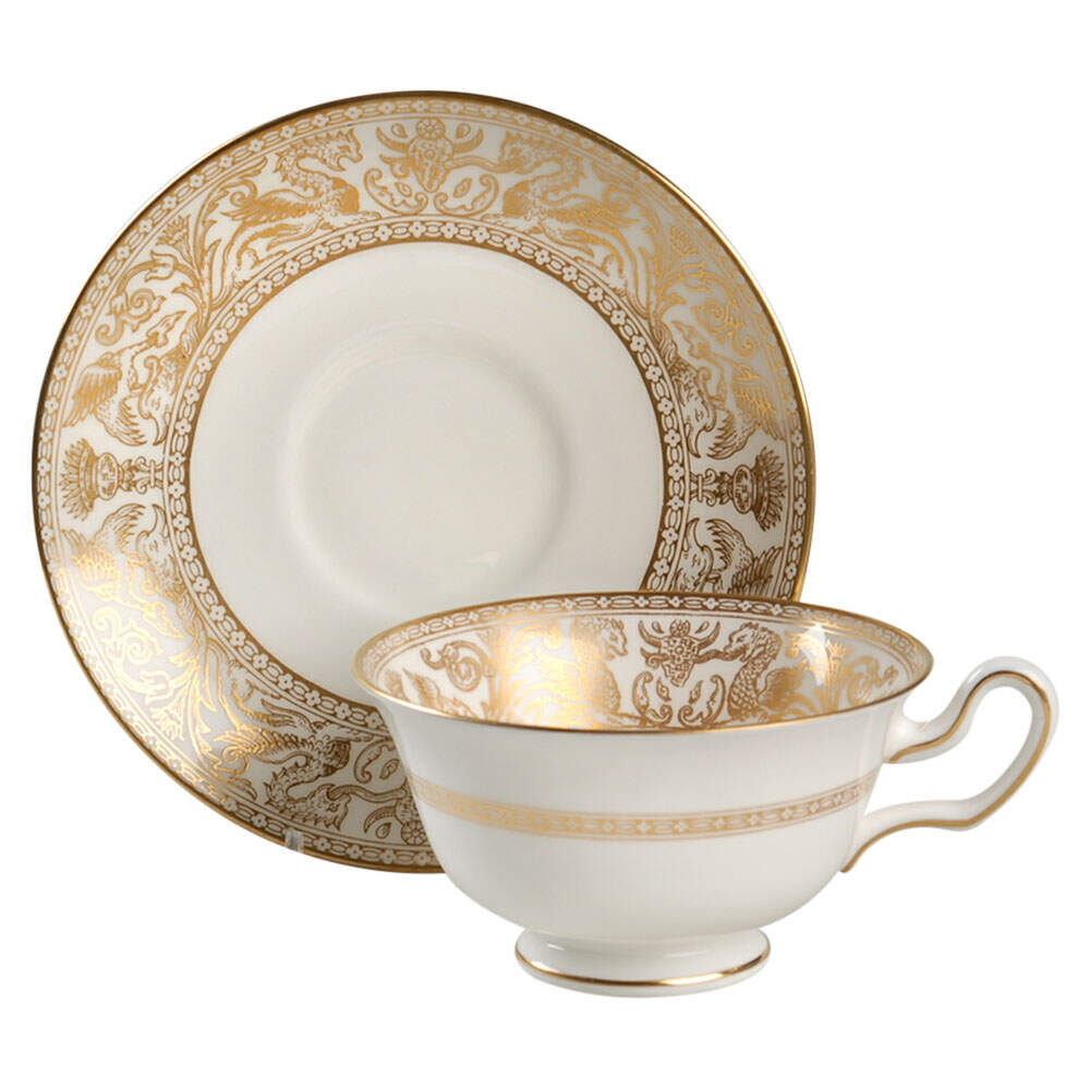 Florentine Gold (Gold Dragons, White) Peony Shape Footed Cup & Saucer Set by Wedgwood-1