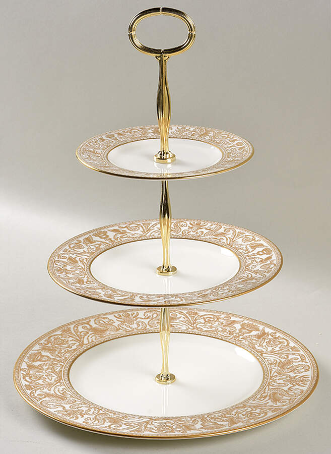 Florentine Gold (Gold Dragons, White) 13 7/8"-14 1/4" 3-Tiered Serving Tray(DP,SP,BB) HC by Wedgwood-1