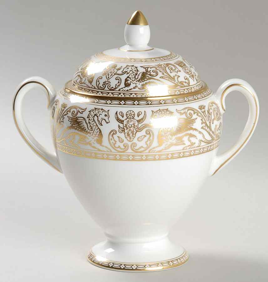 Florentine Gold (Gold Dragons, White) Globe Shape Sugar Bowl & Lid by Wedgwood-1