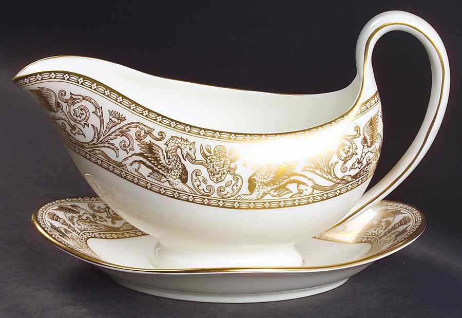 Florentine Gold (Gold Dragons, White) Gravy Boat with Attached Underplate by Wedgwood-1