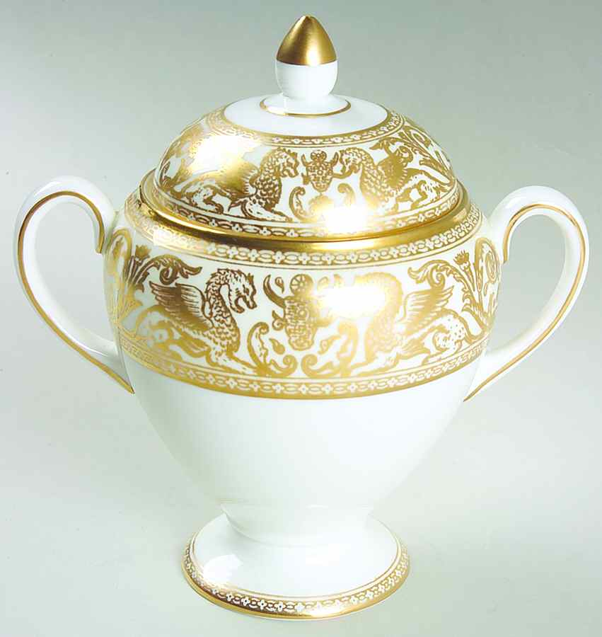 Florentine Ivory Rim (Gold Dragons) Globe Shape Sugar Bowl & Lid by Wedgwood-1
