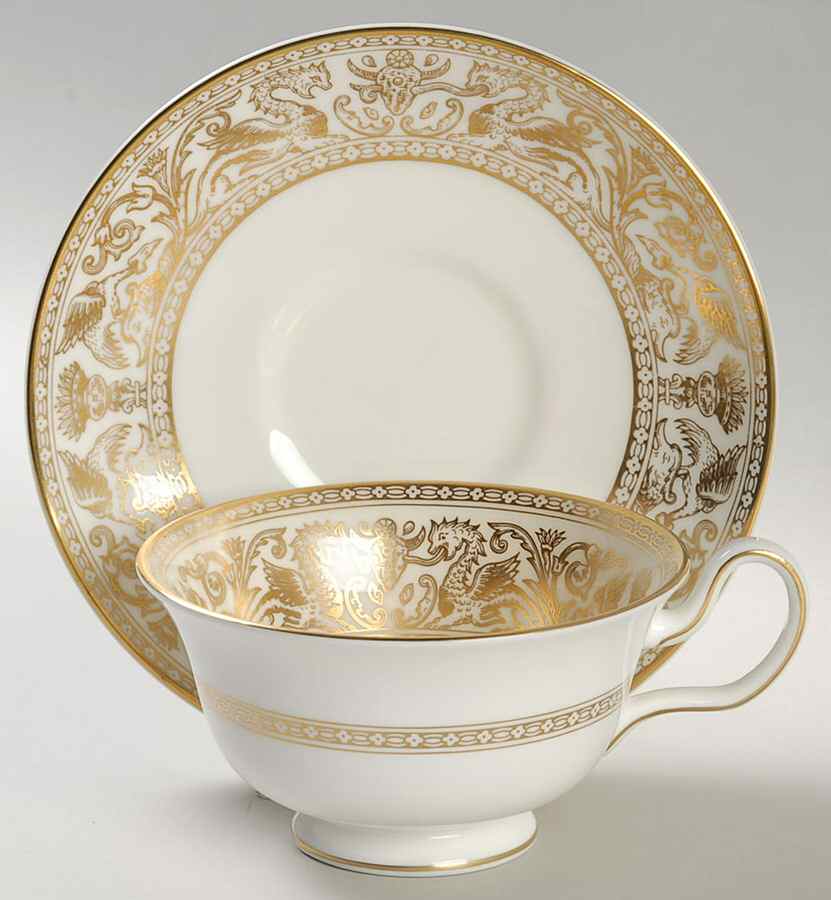 Florentine Ivory Rim (Gold Dragons) Peony Shape Footed Cup & Saucer Set by Wedgwood-1