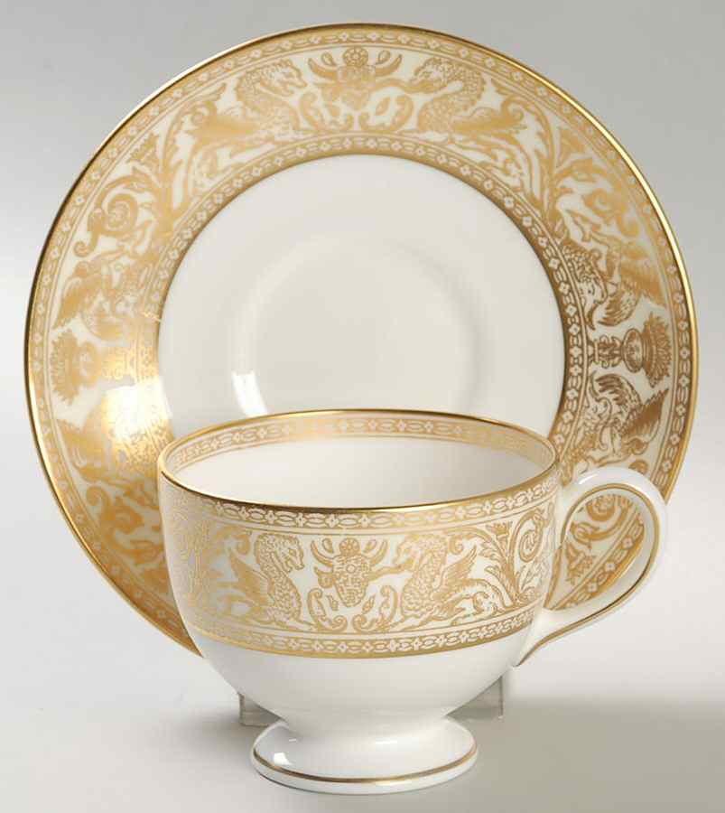Florentine Ivory Rim (Gold Dragons) Leigh Shape Footed Cup & Saucer Set by Wedgwood-1