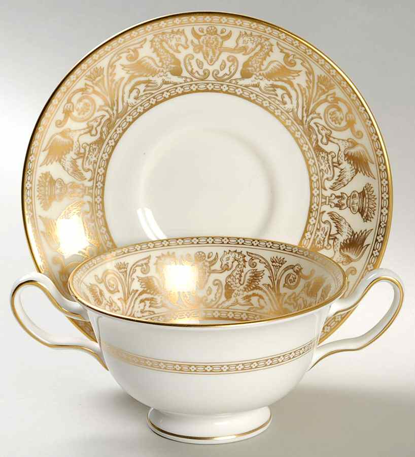 Florentine Ivory Rim (Gold Dragons) Footed Cream Soup Bowl & Saucer Set by Wedgwood-1