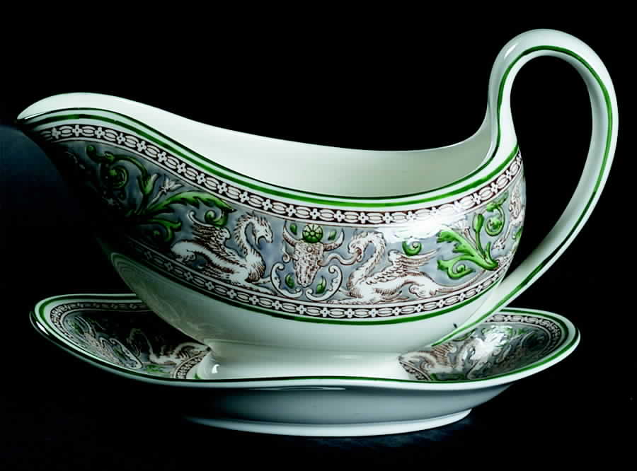 Florentine Gray and Green (No Center Design) Gravy Boat with Attached Underplate by Wedgwood-1