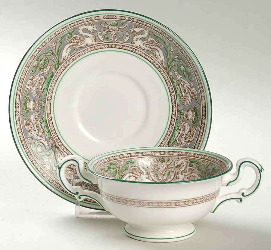 Florentine Gray and Green (No Center Design) Footed Bouillon Cup & Saucer by Wedgwood-1
