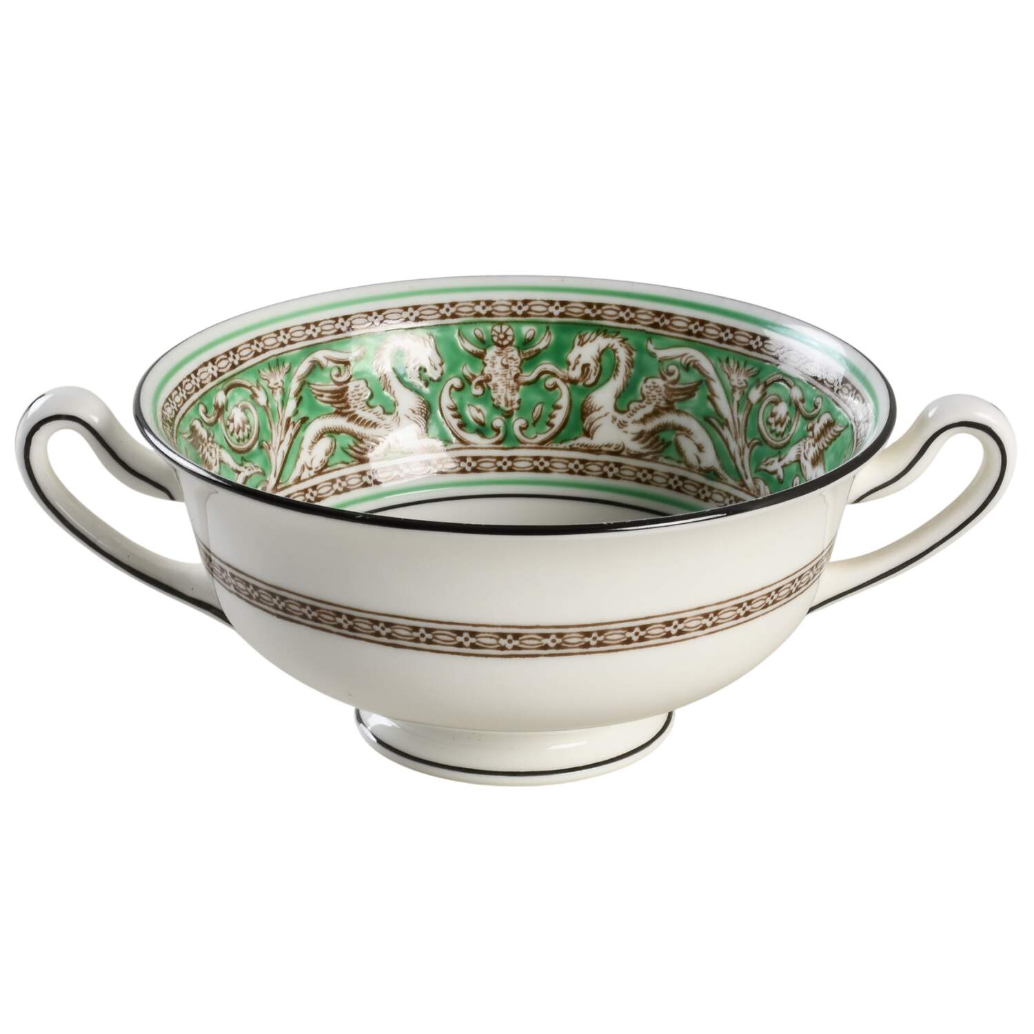 Florentine Green Rim (Floral Center, White Body) Footed Cream Soup Bowl by Wedgwood-1