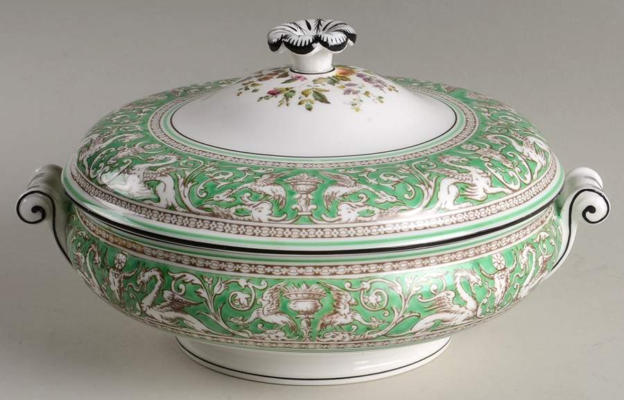 Florentine Green Rim (Floral Center, White Body) Round Covered Vegetable by Wedgwood-1