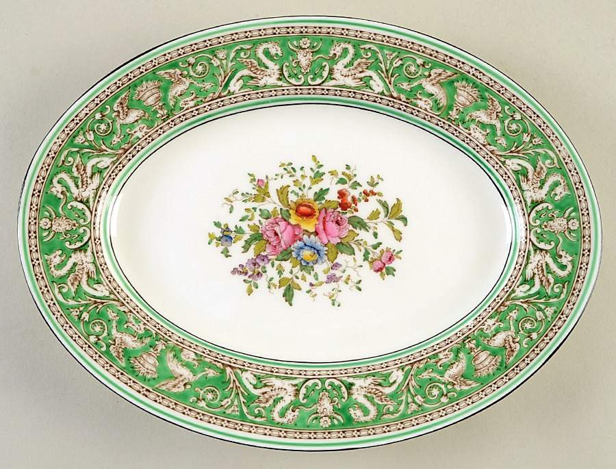 Florentine Green Rim (Floral Center, White Body) 11" Oval Serving Platter by Wedgwood-1