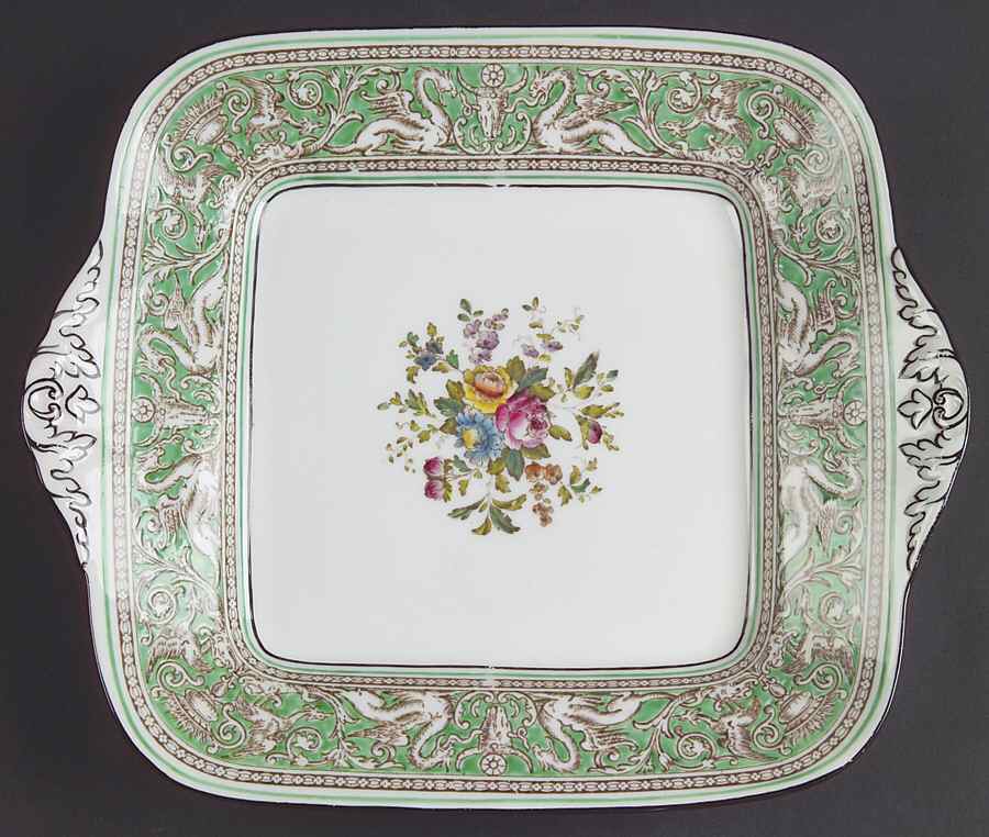 Florentine Green Rim (Floral Center, White Body) Square Handled Cake Plate by Wedgwood-1