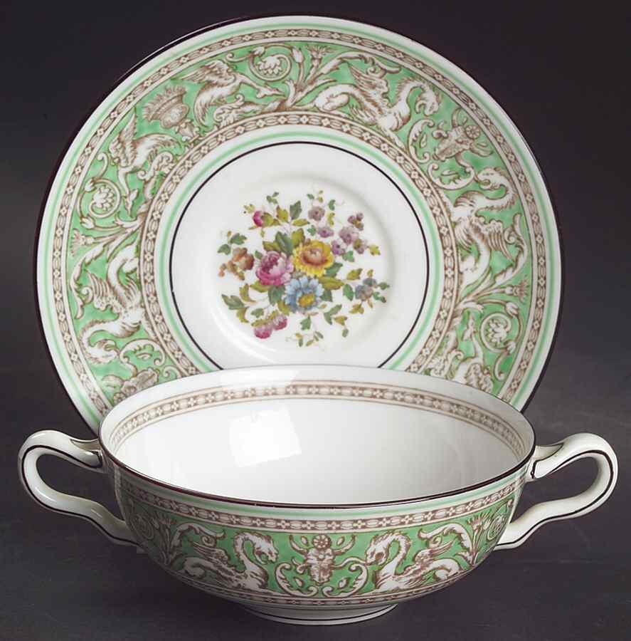 Florentine Green Rim (Floral Center, White Body) Flat Cream Soup Bowl & Saucer Set by Wedgwood-1