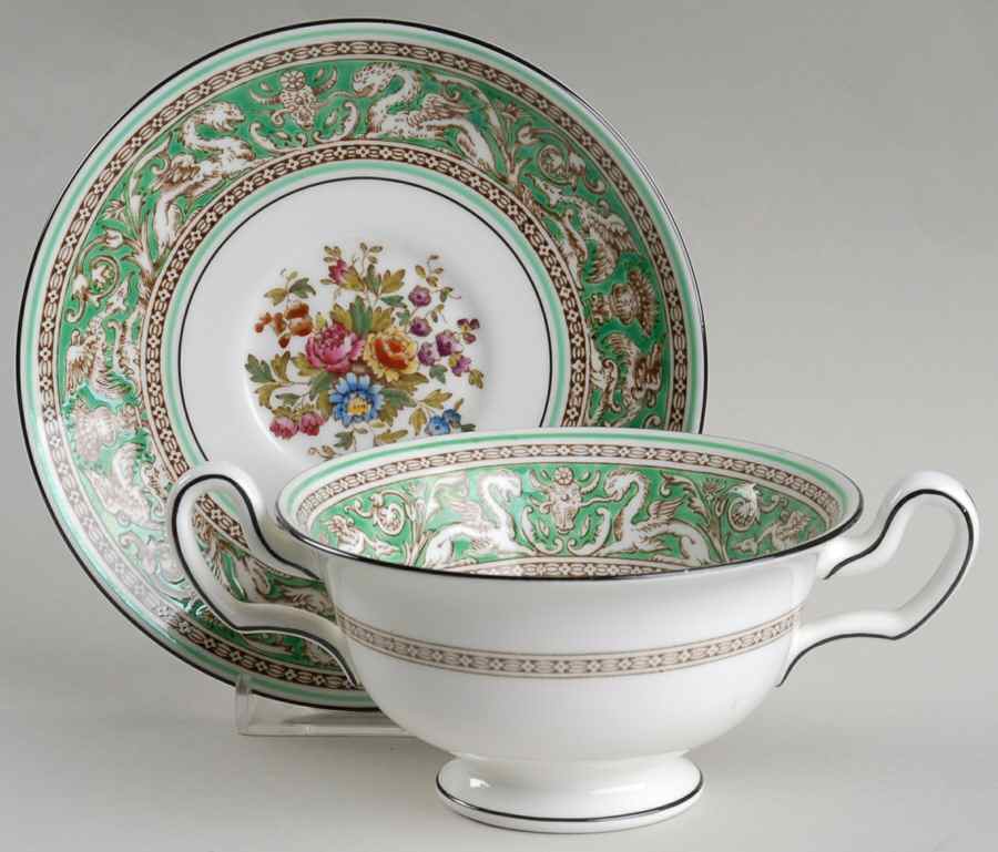 Florentine Green Rim (Floral Center, White Body) Footed Cream Soup Bowl & Saucer Set by Wedgwood-1