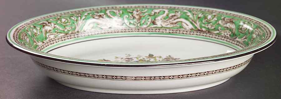 Florentine Green Rim (Floral Center, White Body) 10" Oval Vegetable Bowl by Wedgwood-1