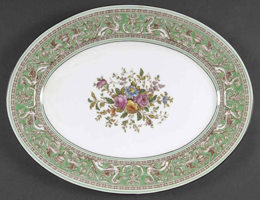 Florentine Green Rim (Floral Center, White Body) 13" Oval Serving Platter by Wedgwood-1
