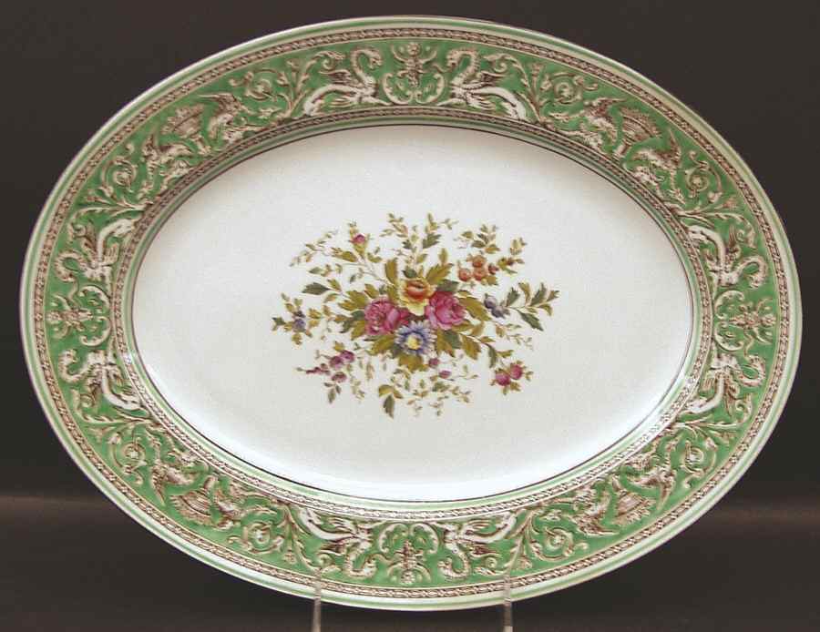 Florentine Green Rim (Floral Center, White Body) 15" Oval Serving Platter by Wedgwood-1