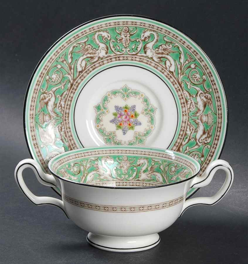 Florentine Green (Fruit Center, White Bkgd) Footed Cream Soup Bowl & Saucer Set by Wedgwood-1