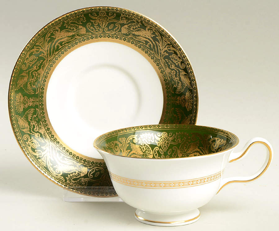 Florentine Dark Green Rim (No Floral Center) Peony Shape Footed Cup & Saucer Set by Wedgwood-1