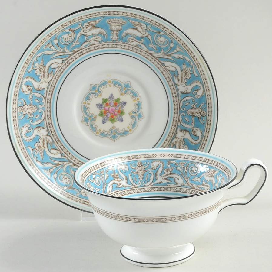 Florentine Turquoise Rim (Fruit Center, White Body) Peony Shape Footed Cup & Saucer Set by Wedgwood-1