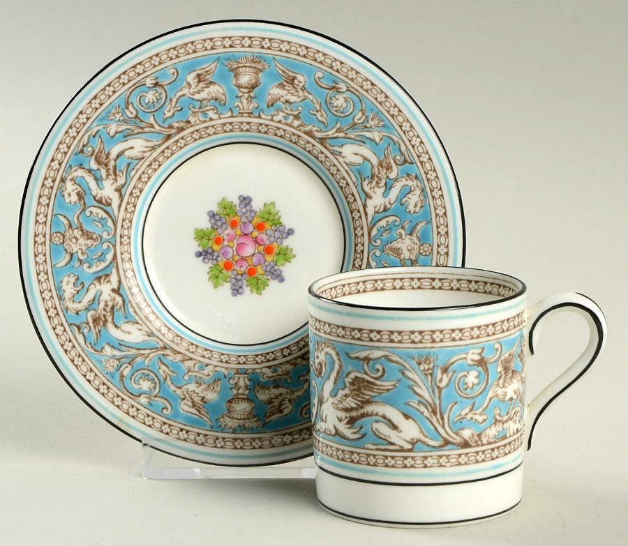Florentine Turquoise Rim (Fruit Center, White Body) Bond Shape Demitasse Cup and Saucer Set by Wedgwood-1
