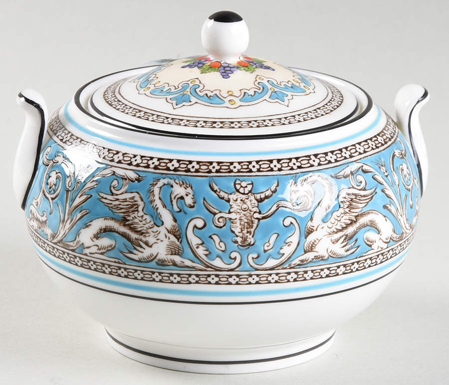 Florentine Turquoise Rim (Fruit Center, White Body) 146 Shape Sugar Bowl & Lid by Wedgwood-1