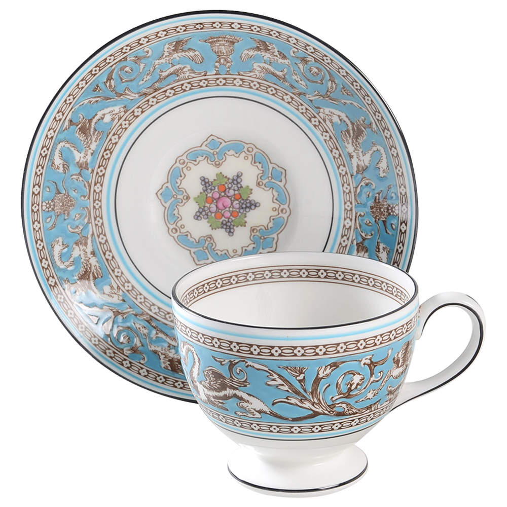 Florentine Turquoise Rim (Fruit Center, White Body) Leigh Shape Footed Cup & Saucer Set by Wedgwood-1