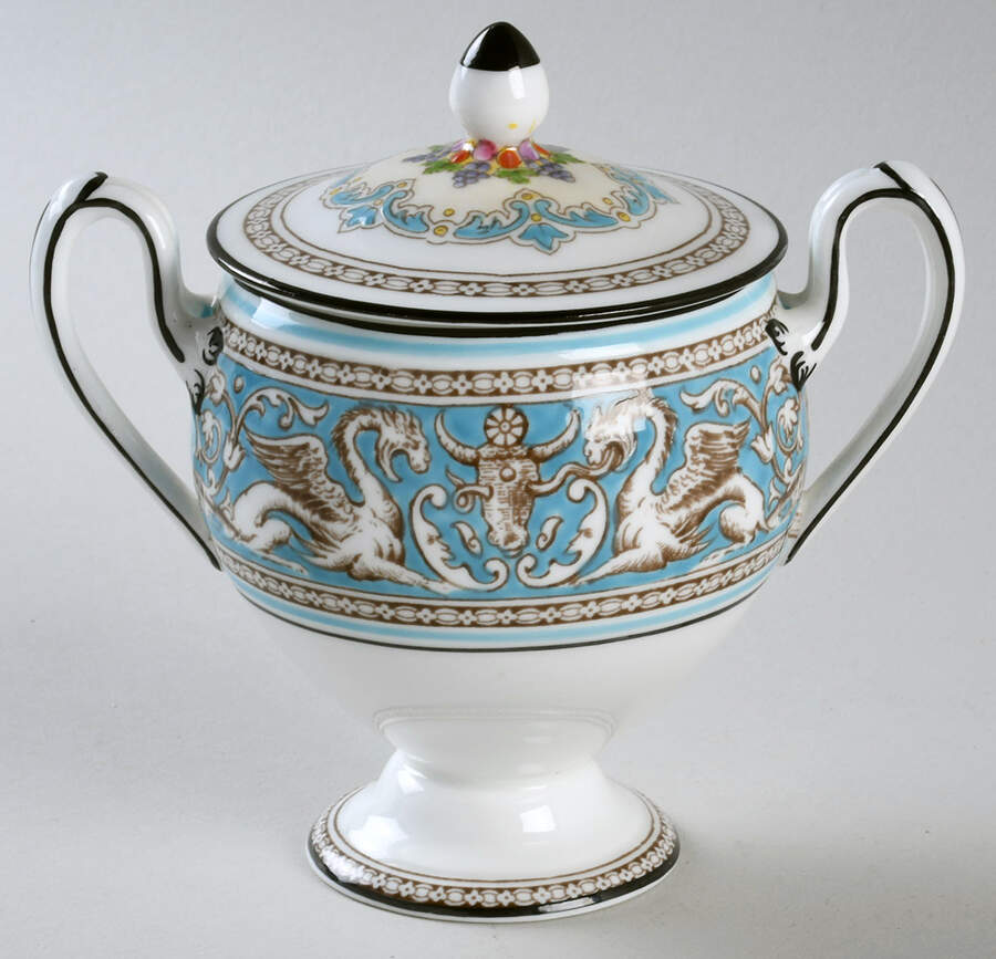 Florentine Turquoise Rim (Fruit Center, White Body) Globe Shape Sugar Bowl & Lid by Wedgwood-1