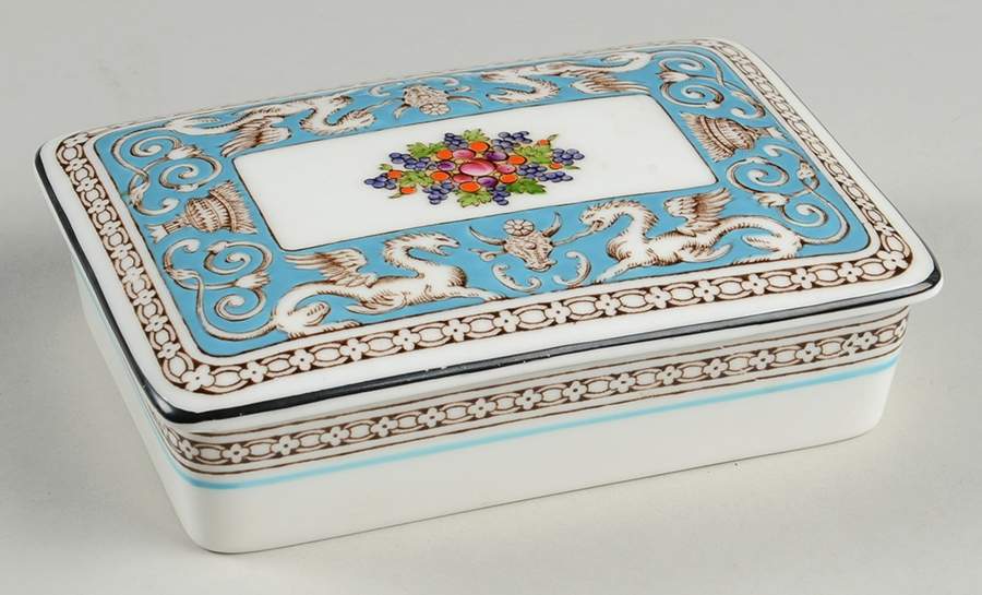Florentine Turquoise Rim (Fruit Center, White Body) Cigarette Box & Lid by Wedgwood-1