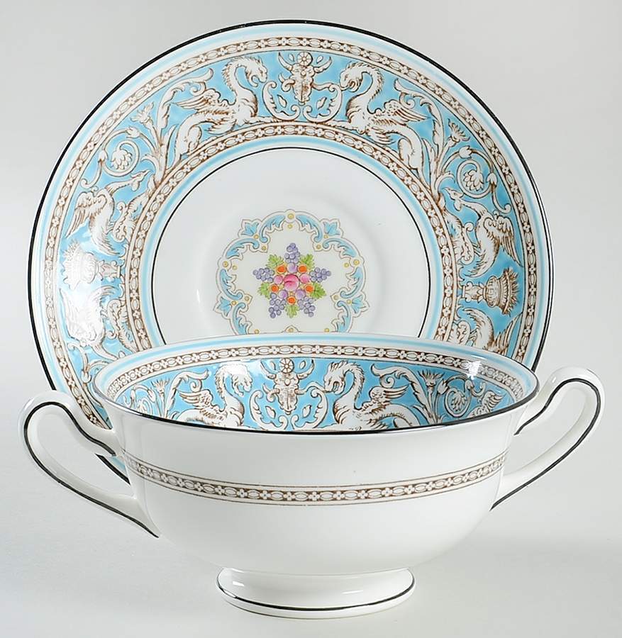 Florentine Turquoise Rim (Fruit Center, White Body) Footed Cream Soup Bowl & Saucer Set by Wedgwood-1