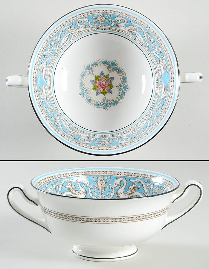 Florentine Turquoise Rim (Fruit Center, White Body) Footed Cream Soup Bowl by Wedgwood-1
