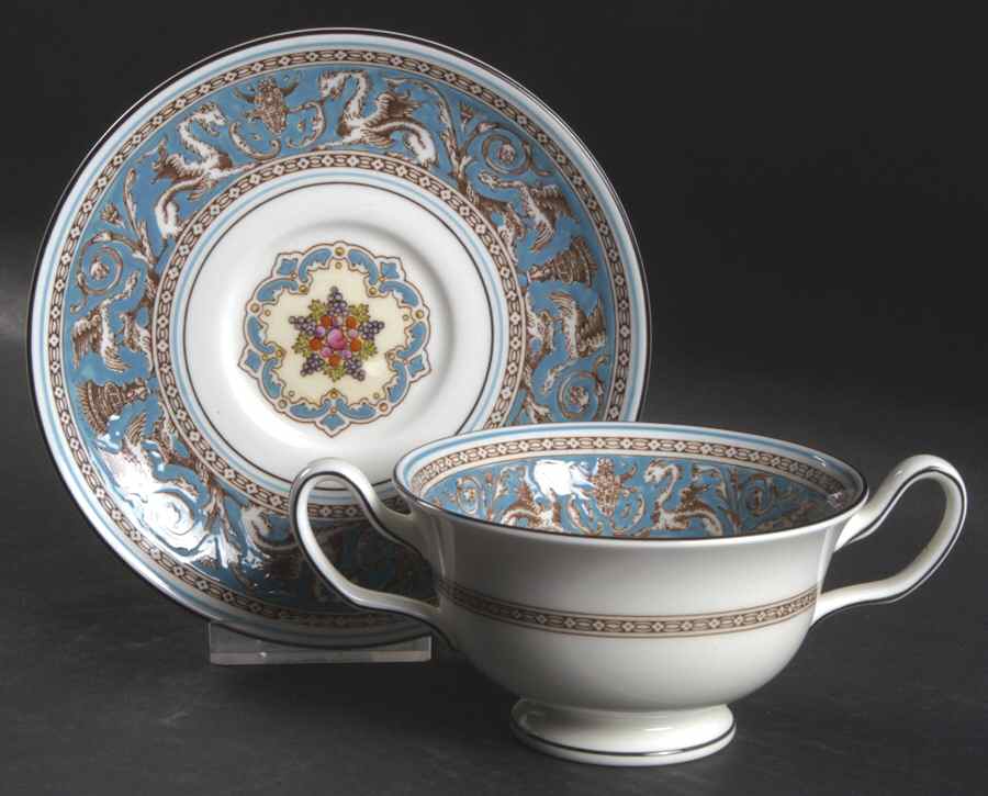 Florentine Turquoise Rim (Fruit Center, White Body) Footed Cream Soup Bowl & Saucer Set by Wedgwood-1