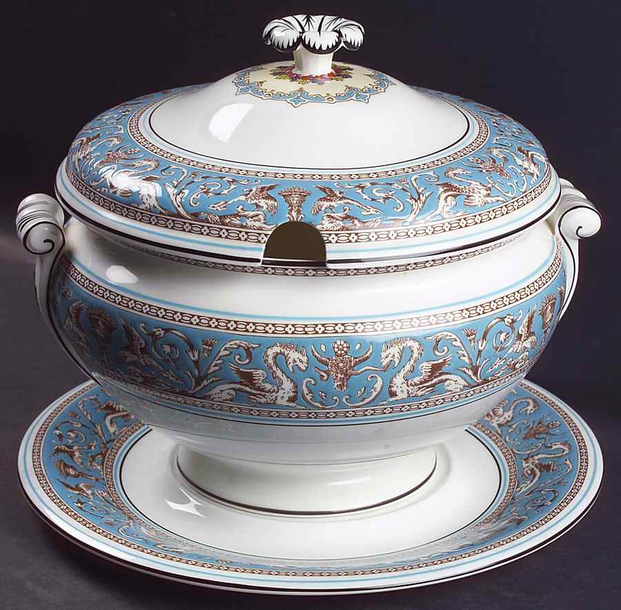 Florentine Turquoise Rim (Fruit Center, White Body) Tureen & Lid w/Underplate by Wedgwood-1