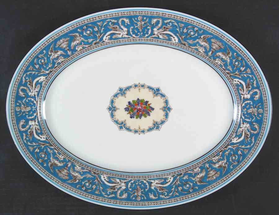 Florentine Turquoise Rim (Fruit Center, White Body) 11" Oval Serving Platter by Wedgwood-1
